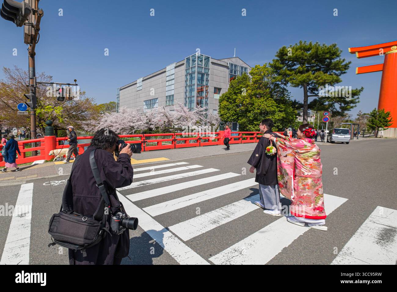 Fotograf, der Mann und Frau in traditionellem japanischen Kimono fotografiert, auf einem Crosswalk, Jingu-michi, Okazaki Enshojicho, Sakyo Ward Stockfoto