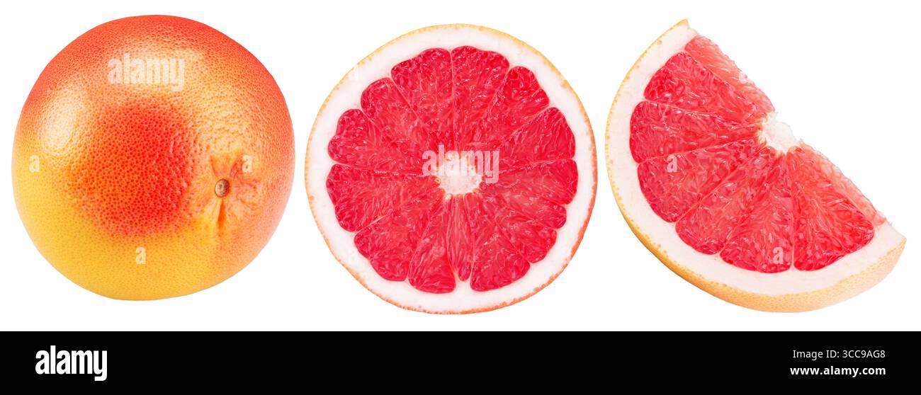 Sammlung von Grapefruit mit isolierten Schnitten auf weißem Hintergrund. Stockfoto