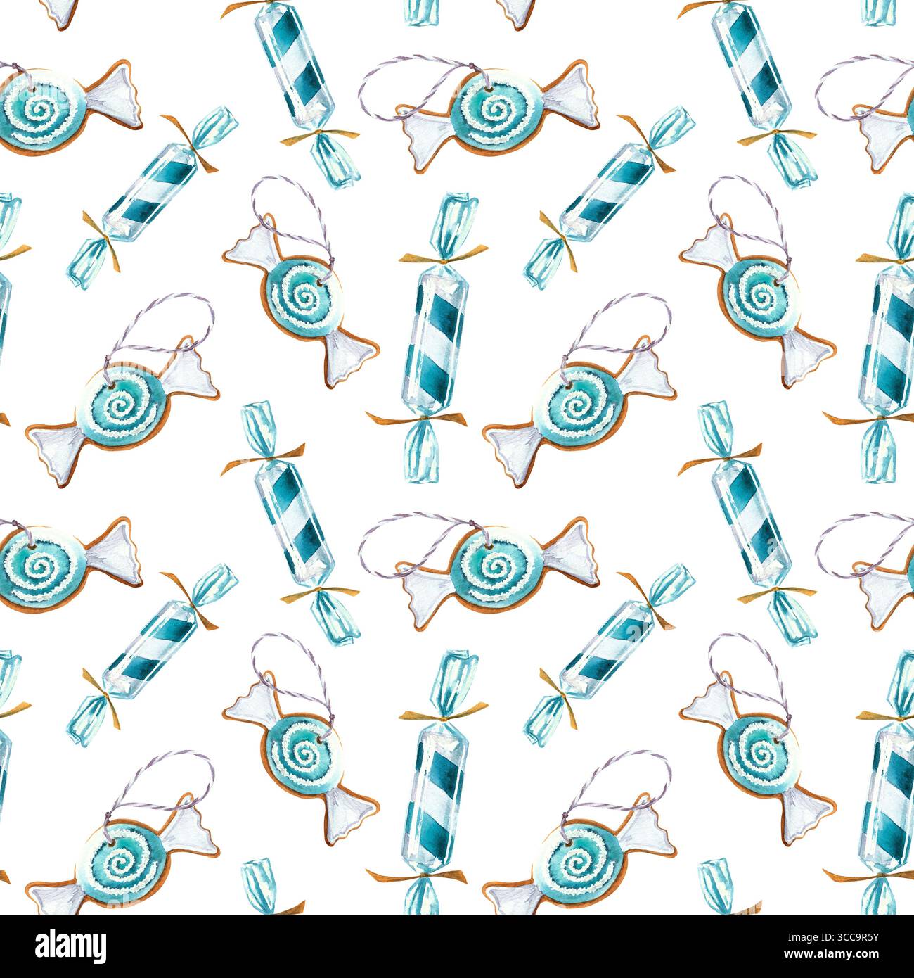 Blaues Neujahr und Weihnachtsbonbons und Lebkuchen. Nahtloses Aquarellmuster für Verpackungsdesign, Textil, Stoff. Stockfoto