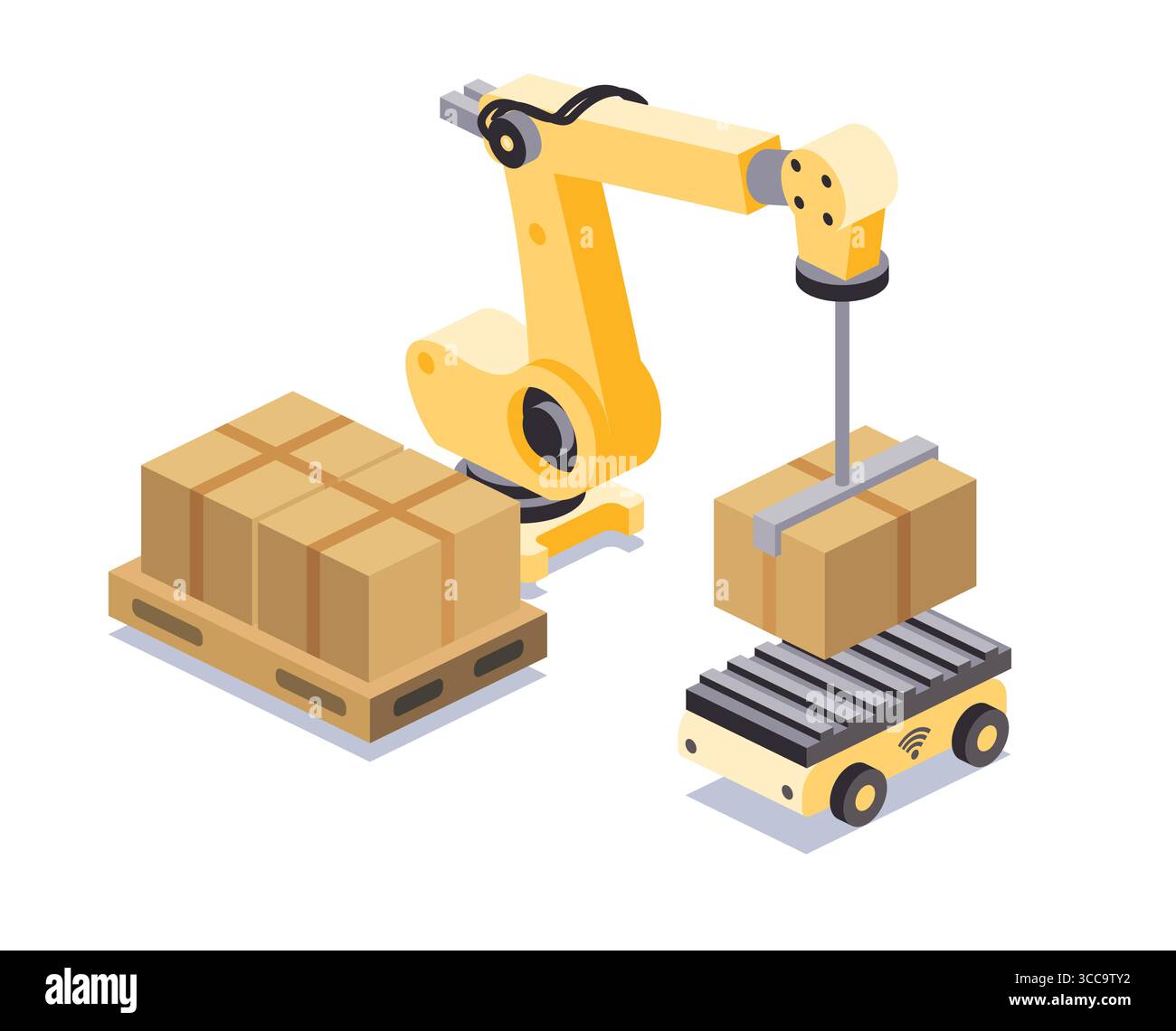 Isometrischer Roboterarm, der Kartons auf einen autonomen mobilen Roboter für die automatisierte Lagerlogistik und den Frachtumschlag lädt. Stock Vektor