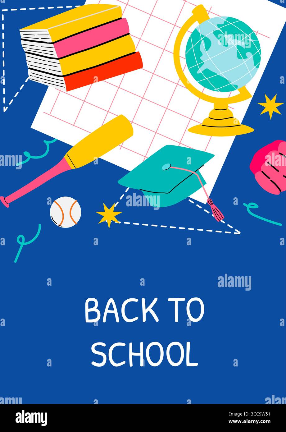 Modernes Poster für den Schulbeginn mit wichtigen Dingen: Bücher, Globus, Abschlusskappe und Sportartikel. Perfekt für College-Veranstaltungen, Studienangebote und Stock Vektor