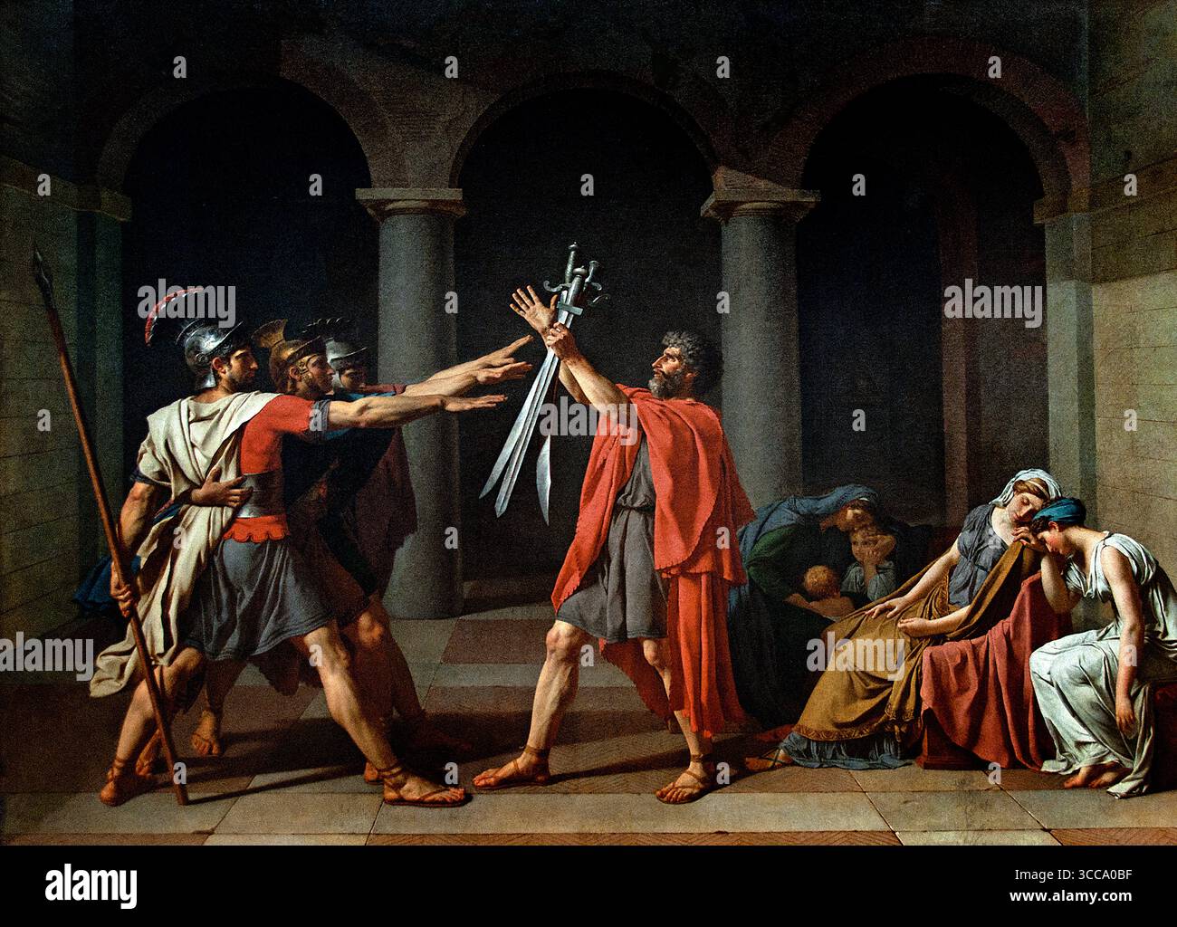 In dem Gemälde der Eid der Horatii von Jacques-Louis David ist der Vater mit drei Schwertern in der Hand dargestellt, während seine drei Söhne nach ihnen greifen, was ihren Eid symbolisiert, in einer bevorstehenden Schlacht für Rom zu kämpfen und zu sterben. Die Brüder werden mit männlicher Energie gezeigt, während die Frauen hinter ihnen in Trauer zusammengebrochen erscheinen und den Konflikt zwischen bürgerlicher Pflicht und persönlicher Emotion betonen Jacques-Louis David 1748 – 1825 France French Museum Louvre Paris Stockfoto