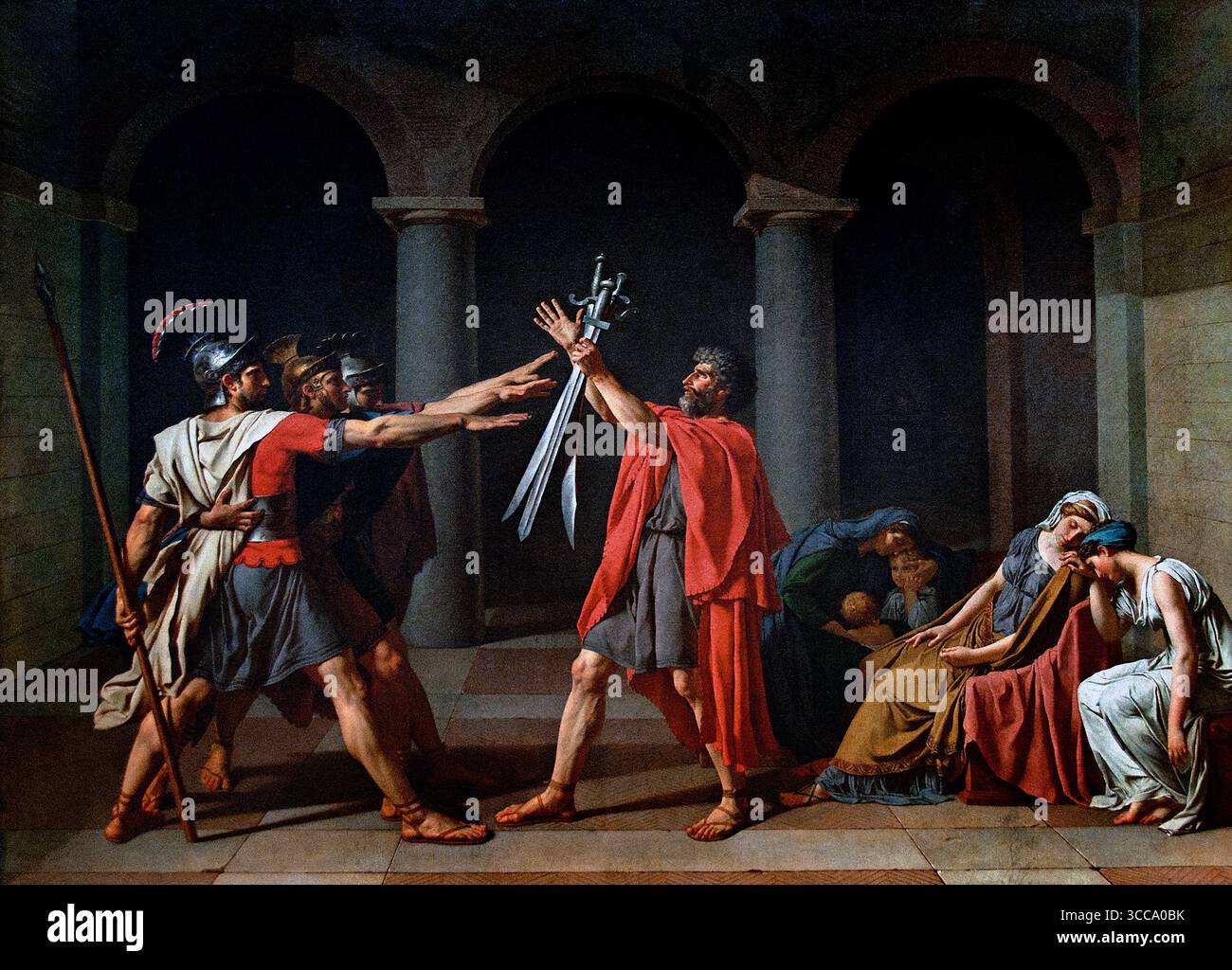 In dem Gemälde der Eid der Horatii von Jacques-Louis David ist der Vater mit drei Schwertern in der Hand dargestellt, während seine drei Söhne nach ihnen greifen, was ihren Eid symbolisiert, in einer bevorstehenden Schlacht für Rom zu kämpfen und zu sterben. Die Brüder werden mit männlicher Energie gezeigt, während die Frauen hinter ihnen in Trauer zusammengebrochen erscheinen und den Konflikt zwischen bürgerlicher Pflicht und persönlicher Emotion betonen Jacques-Louis David 1748 – 1825 France French Museum Louvre Paris Stockfoto