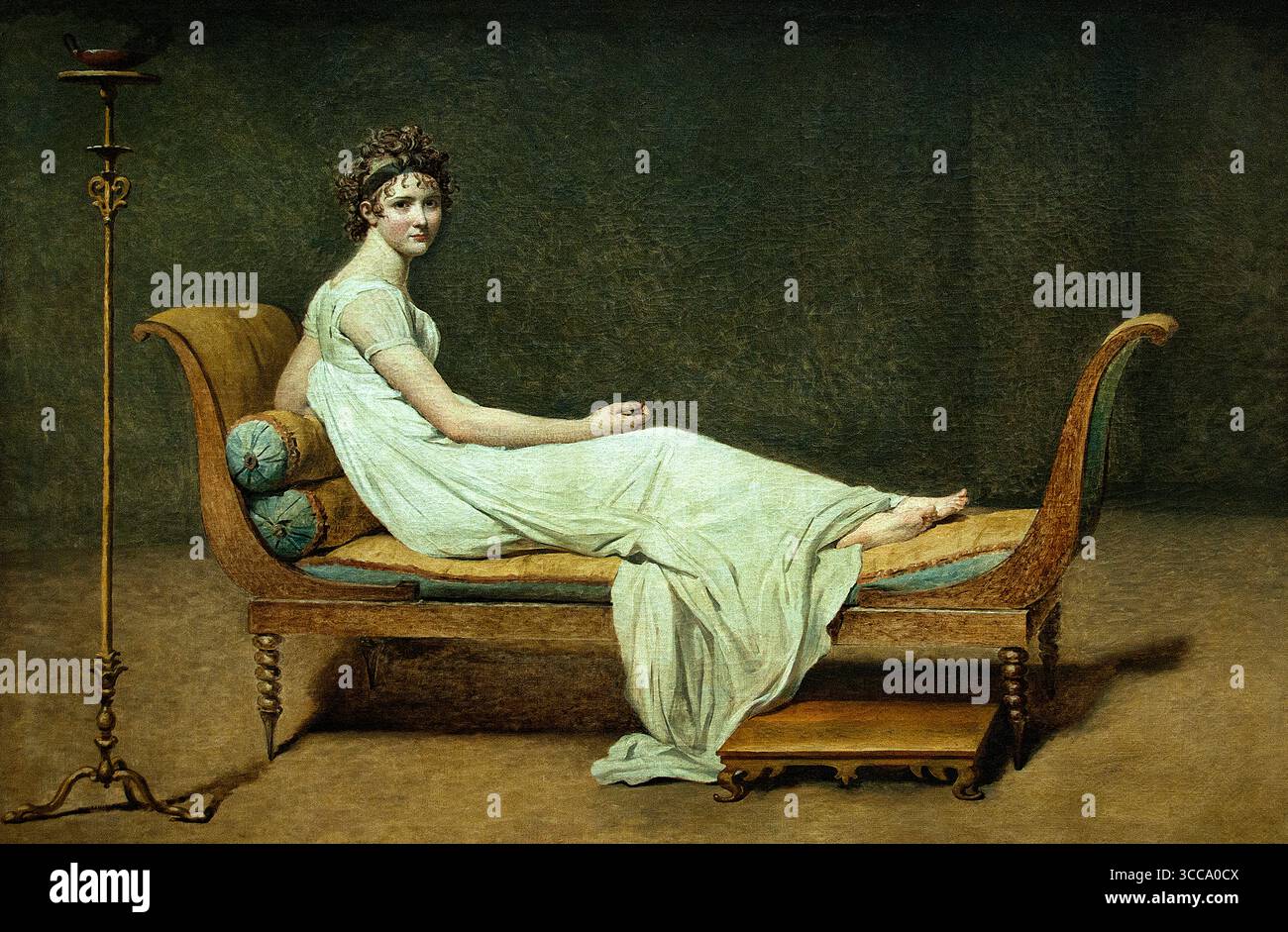 Madame Récamier XVIII 18. Jahrhundert von Jacques-Louis David 1748 – 1825 Frankreich französisches Museum Louvre Paris ( Jacques-Louis David, 30. August 1748 – 29. Dezember 1825) , französischer Maler im neoklassizistischen Stil, der als herausragender Maler dieser Zeit gilt. In den 1780er Jahren markierte seine zerebrale Markenmalerei eine Geschmacksveränderung weg von der Frivolität des Rokoko hin zu klassischer Sparsamkeit, Strenge und erhöhtem Gefühl, die mit dem moralischen Klima der letzten Jahre des Ancien Régime harmonierten. Stockfoto