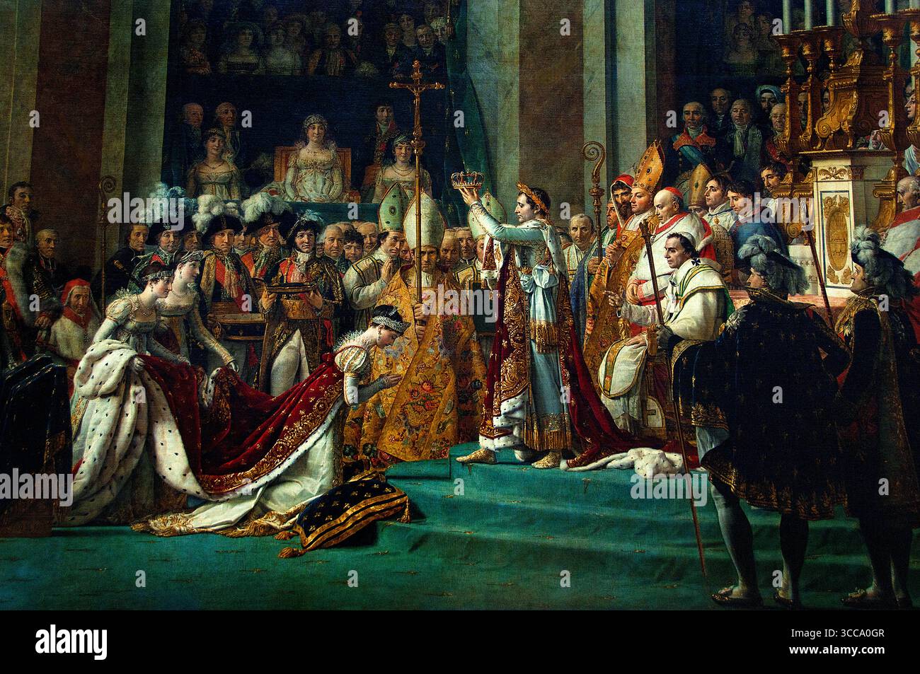 Krönung - Weihe Kaiser Napoleon Bonaparte und Josephine 1807 Kathedrale Notre Dame Paris Jacques-Louis David 1748–1825 Frankreich französisches Museum Louvre Paris ( die „Weihe“ bezieht sich auf ein monumentales neoklassizistisches Ölgemälde von Jacques-Louis David (1805–1807) mit dem Titel die Weihe des Kaisers Napoleon I. und Krönung der Kaiserin Josephine. Das Gemälde zeigt die Krönungszeremonie Napoleons I. und seiner Frau Joséphine am 2. Dezember 1804 in Notre-Dame de Paris, die das erste französische Reich festigte und eine neue Kaiserdynastie begründete. Stockfoto