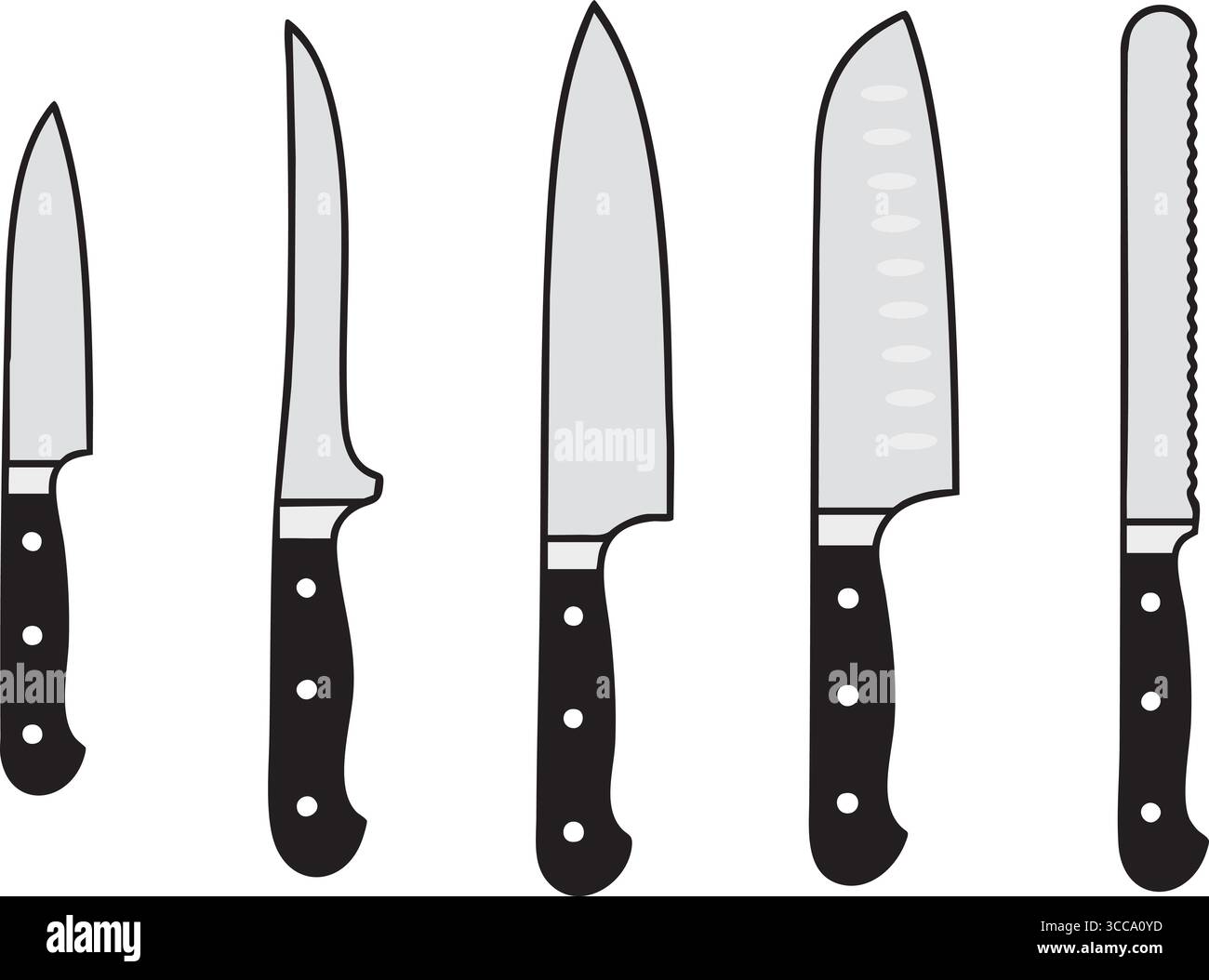 Verschiedene kulinarische Messer mit Küchenmesser santoku Brotschneider und Schnitzereien, die aufrecht dargestellt werden, mit einfachen Details. Stock Vektor