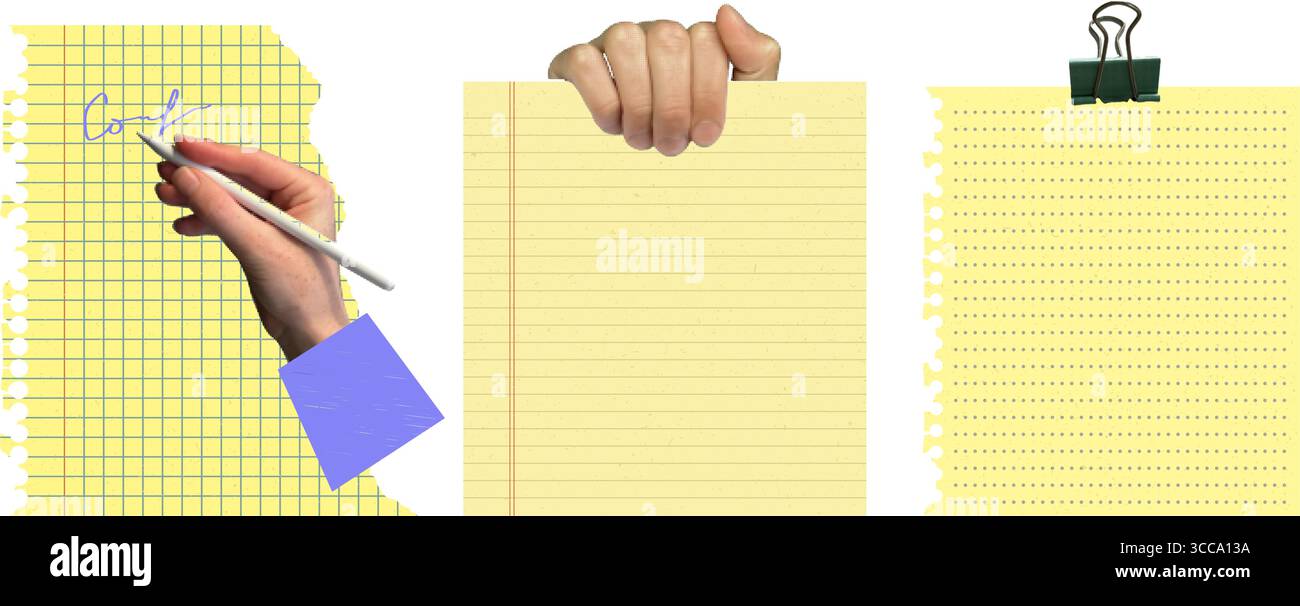 Gelbes, gerissenes Notizbuchpapier mit Halbtonhängern, Stift und Binderclip. Modernes Konzept für Schul- und Bürobedarf für Design, Banner oder Digital Stock Vektor