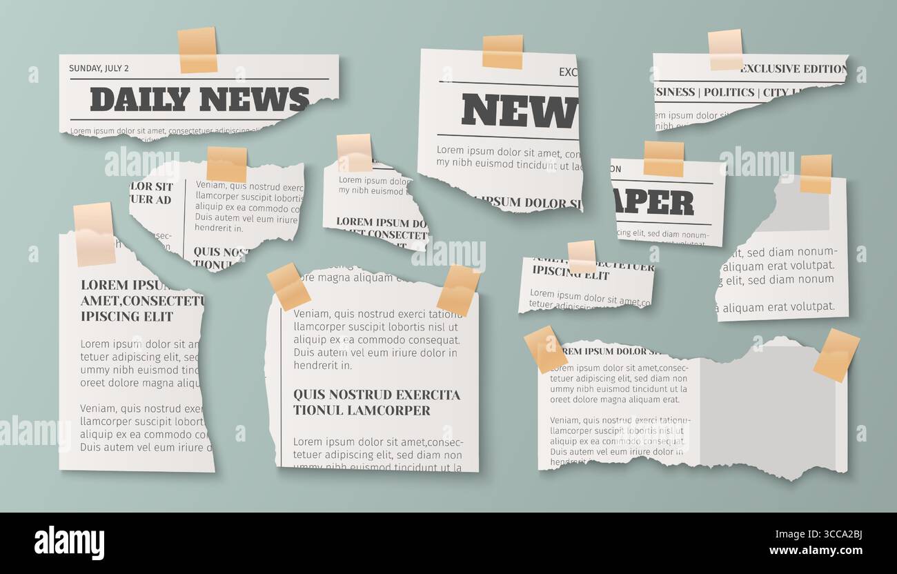 Vintage-Zeitungsstücke mit abgerissenen Kanten - Tageszeitungsfragmente mit Schlagzeilen, Spalten und Textabschnitten. Retro-Journalismus-Collage für Mediendesign, Scrapbook-Layouts oder Pressekonzepte. Stock Vektor Vintage-Zeitungsstücke mit abgerissenen Kanten - Tageszeitungsfragmente mit Schlagzeilen, Spalten und Textabschnitten. Retro-Journalismus-Collage für Mediendesign, Scrapbook-Layouts oder Pressekonzepte. Stock Vektor