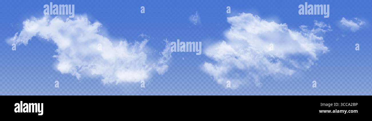 Realistische weiße Wolkenformationen auf transparentem Himmelhintergrund - flauschige Kumulusformen mit weichen Kanten, die in der blauen Himmelsatmosphäre schweben, für Wettervorhersage, Naturszene oder digitale Komposition. Stock Vektor