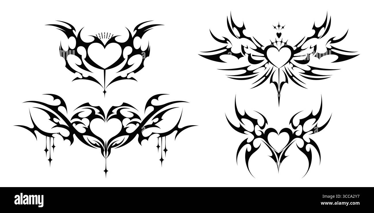 Gotische Herzrahmendesigns mit Stammesflügeln - schwarze dekorative Silhouetten für Tattoo-Kunst, dekorative Borten mit spitzen Elementen, dunkle romantische Vektorgrafiken für mystische Themenprojekte. Stock Vektor