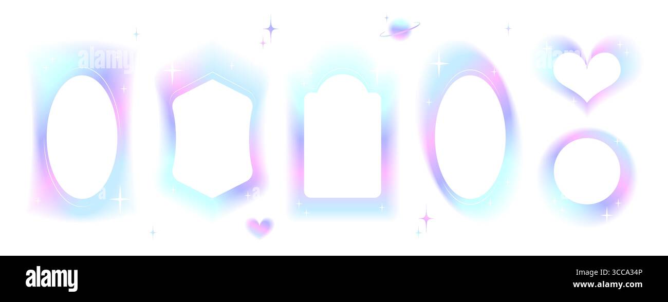 Holografische Rahmen mit Farbverlauf und Unschärfeeffekt – Aura-Formen in Rosa, Blau und Lila. Traumhaftes Oval, Schild und rechteckige Ausschnitte mit kosmischen Funkeln für ästhetische y2k-Designelemente. Stock Vektor