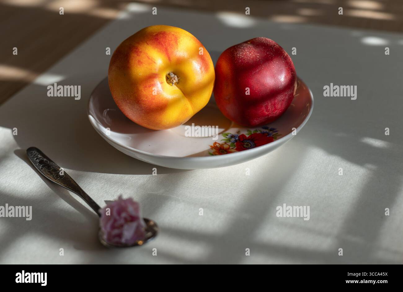 Eine fotorealistische Nahaufnahme von zwei Reifen Pfirsich in einer kleinen weißen Schüssel mit Blumenmuster auf einem hellen Tisch mit einem Löffel in der Nähe. Ein rosafarbenes Fl Stockfoto