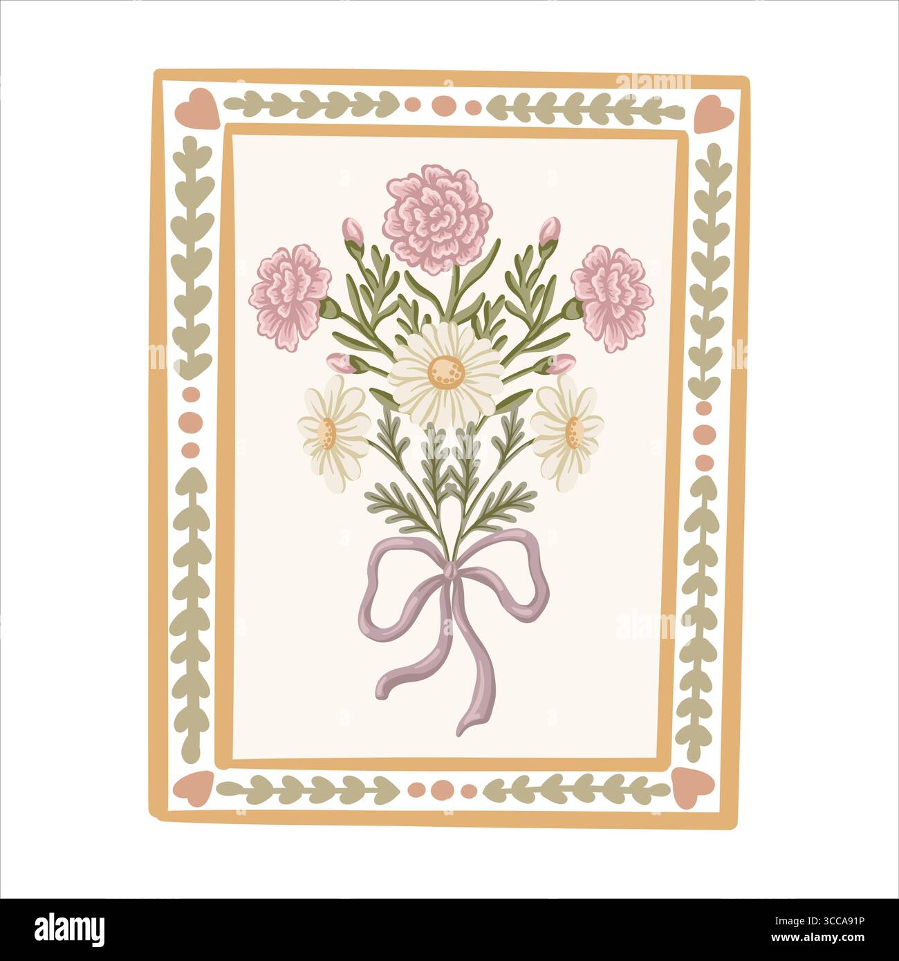 Vintage-Blumenstrauß in rechteckigem Rahmen mit Gänseblümchen und Nelke. Weicher Coquette-Stil mit Blumendetails. Ideal für Briefmarken und Stock Vektor