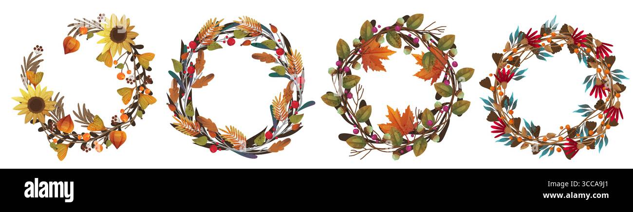 Set mit Herbstlaub-Kranz oder Herbstdekoration. Vektor handgemachte Flora Kreis oder Pflanzendekoration für Thanksgiving festlich oder Erntefeiertag. Saisonaler botanischer Hintergrund mit Beeren. Biologie. Stock Vektor