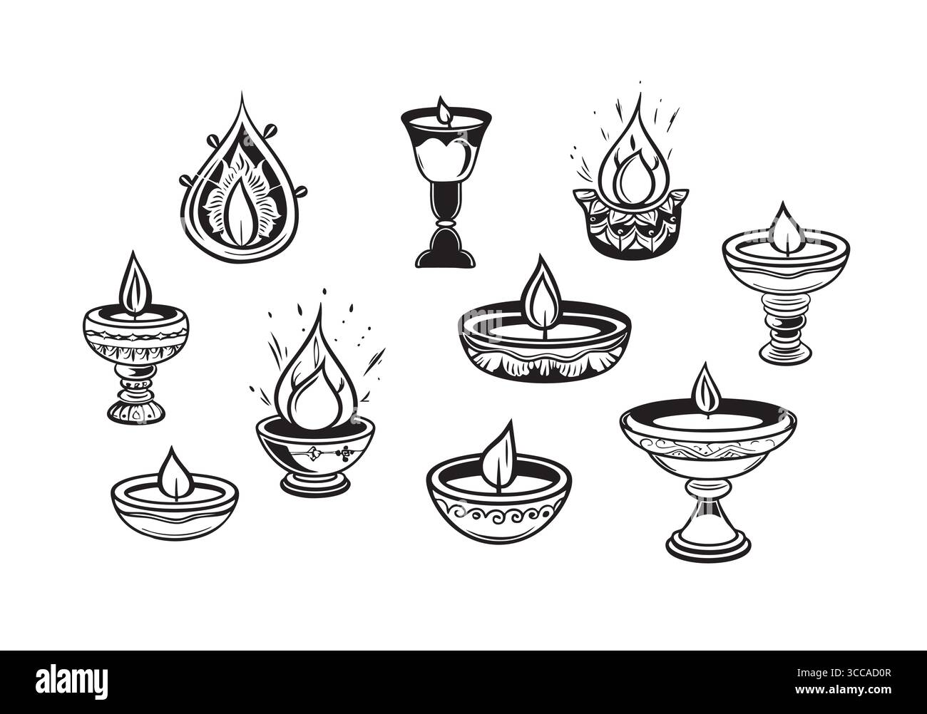 Diwali Diya Skizzenvektorsatz. Diwali Lampen mit Lichtern Kritzelsatz. Lichterfest Stock Vektor