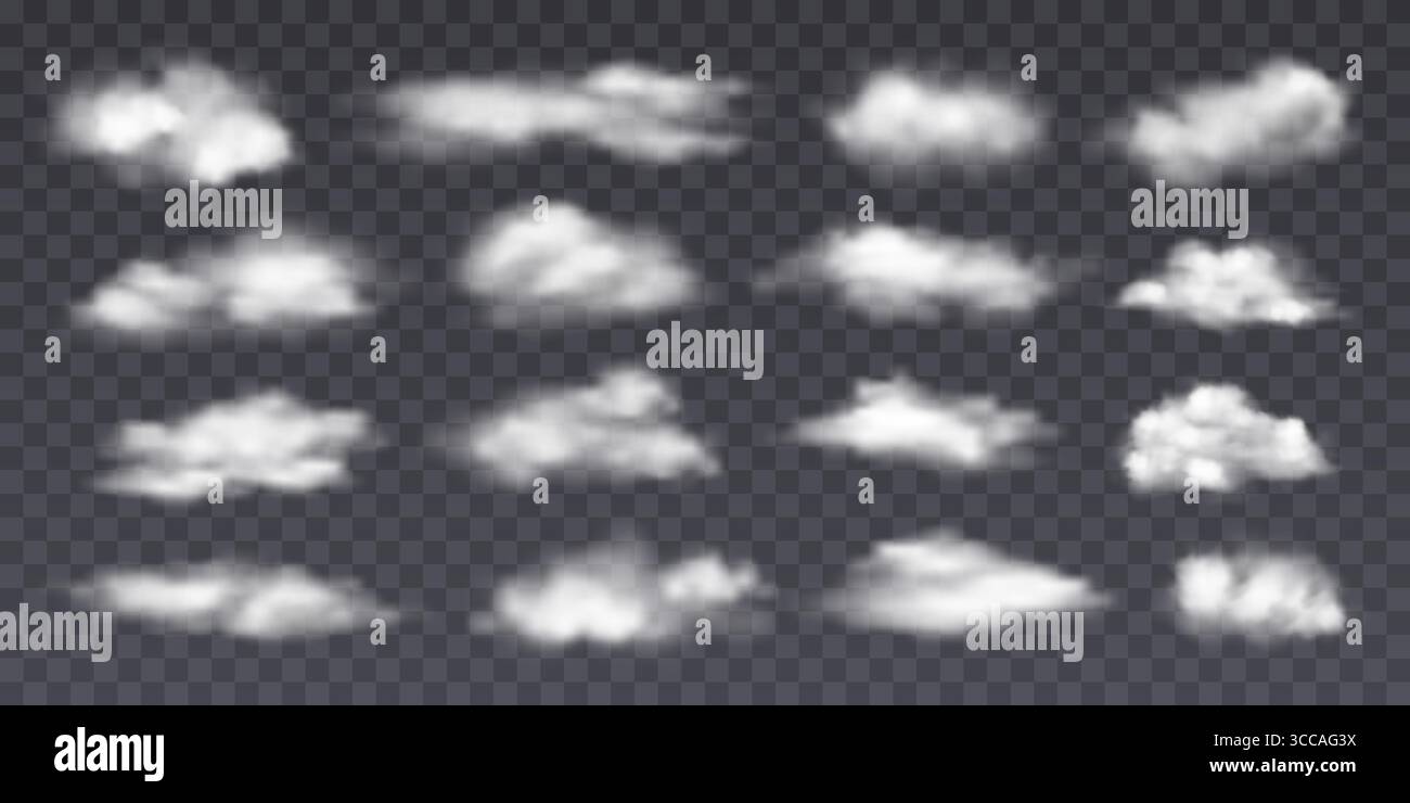 Satz realistischer weißer Wolken in verschiedenen Formen. Stock Vektor