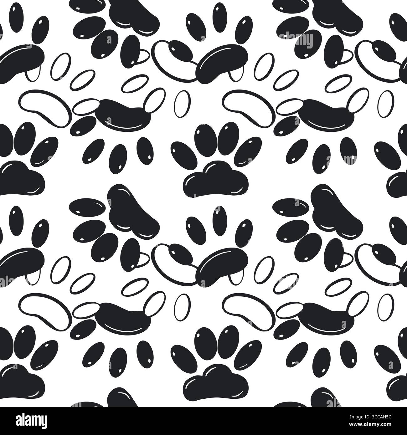 Nahtloses Vektormuster. Pfotenabdrücke von Hunden und Katzen, dunkle und helle Abdrücke, handgezeichnet in Tinte. Die Abbildung eignet sich perfekt zum Bedrucken von Tierfutter Stock Vektor