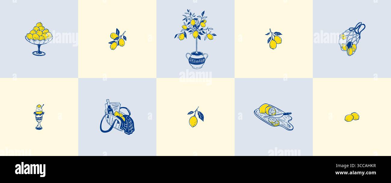 Set von Postern im mediterranen Stil im Sommer mit blauen und gelben handgezeichneten Zitronen. Skurriler italienischer Amalfi, Sizilien, Positano-Küsten-Kritzelhintergrund Stock Vektor