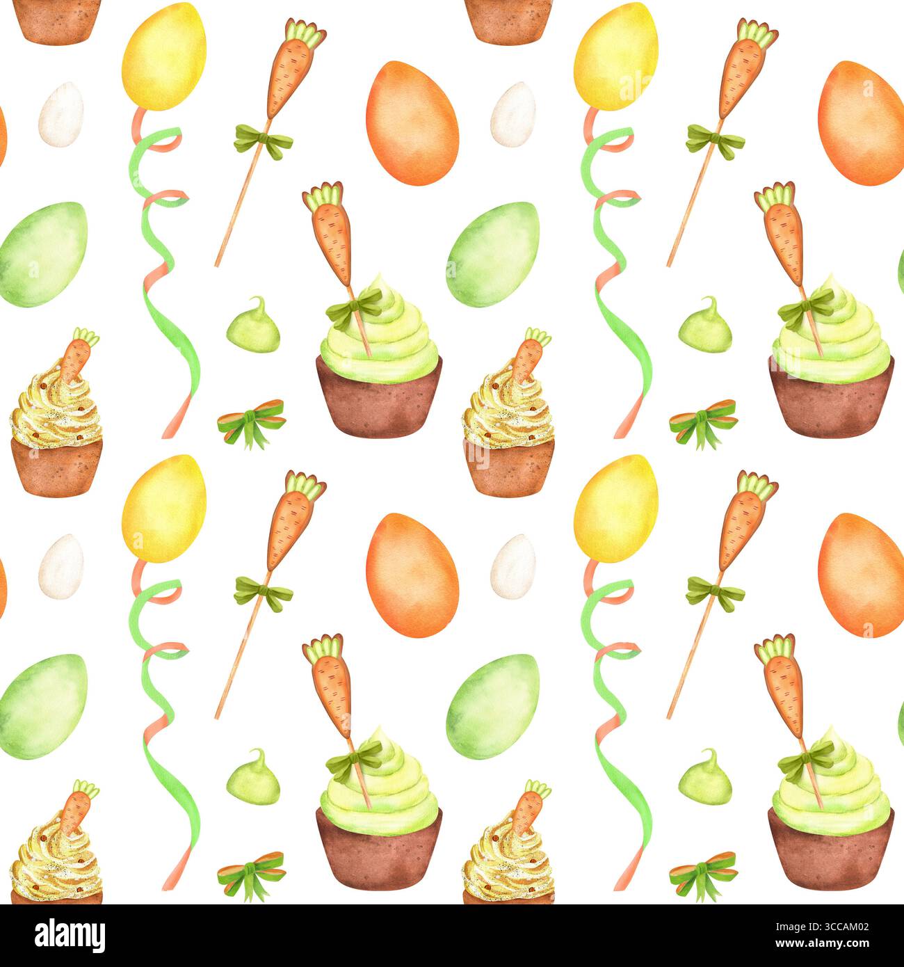 Gelbe, grüne, orange Aquarelleier, Cupcakes, Baisons, Streamer-Bänder und Karottenkekse in nahtlosem Muster. Frohe Ostern Clipart. Handgezeichnet Stockfoto