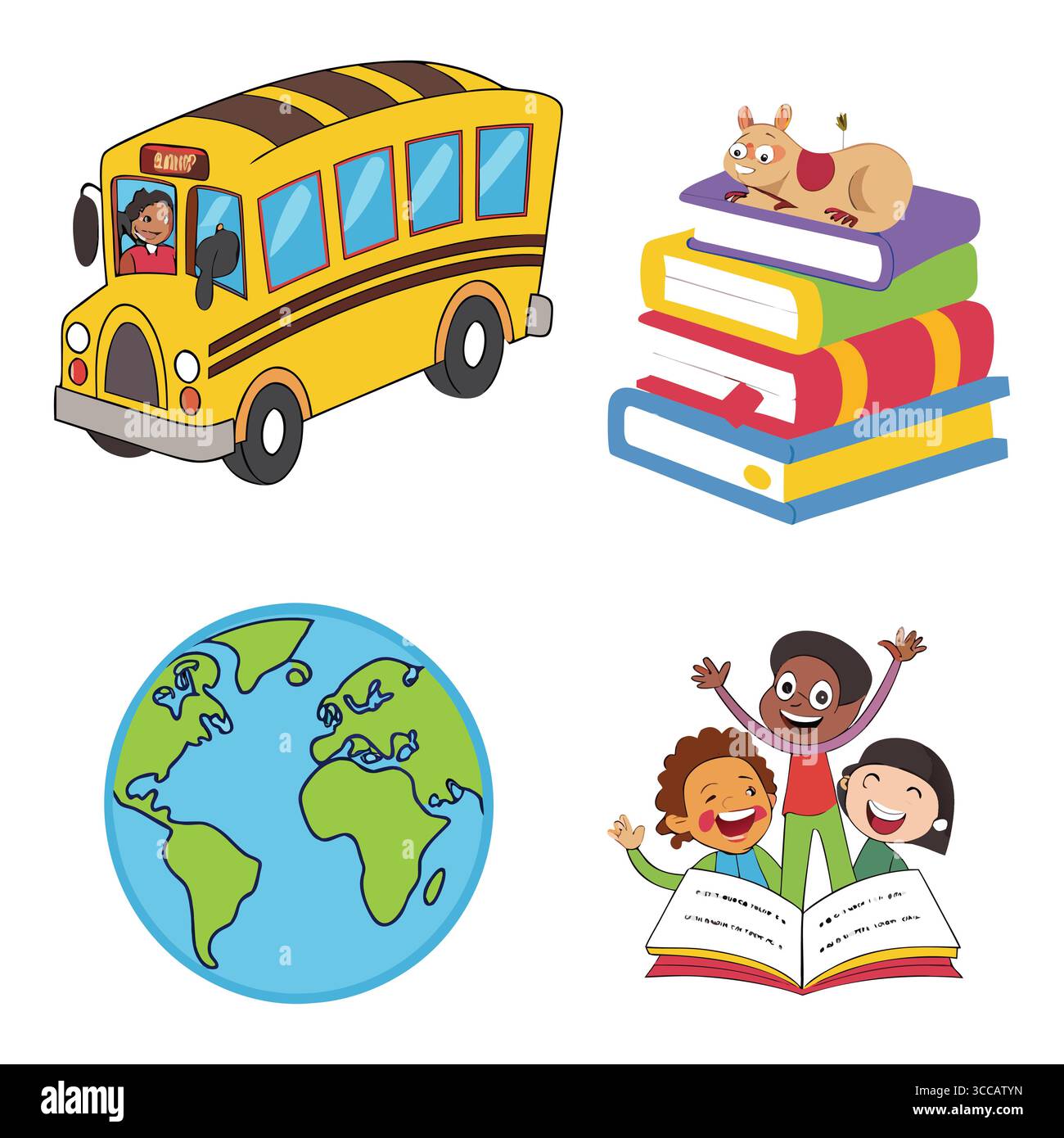 Farbenfrohe Illustrationen mit Schulbus, Kindern, Globe und Büchern Stock Vektor