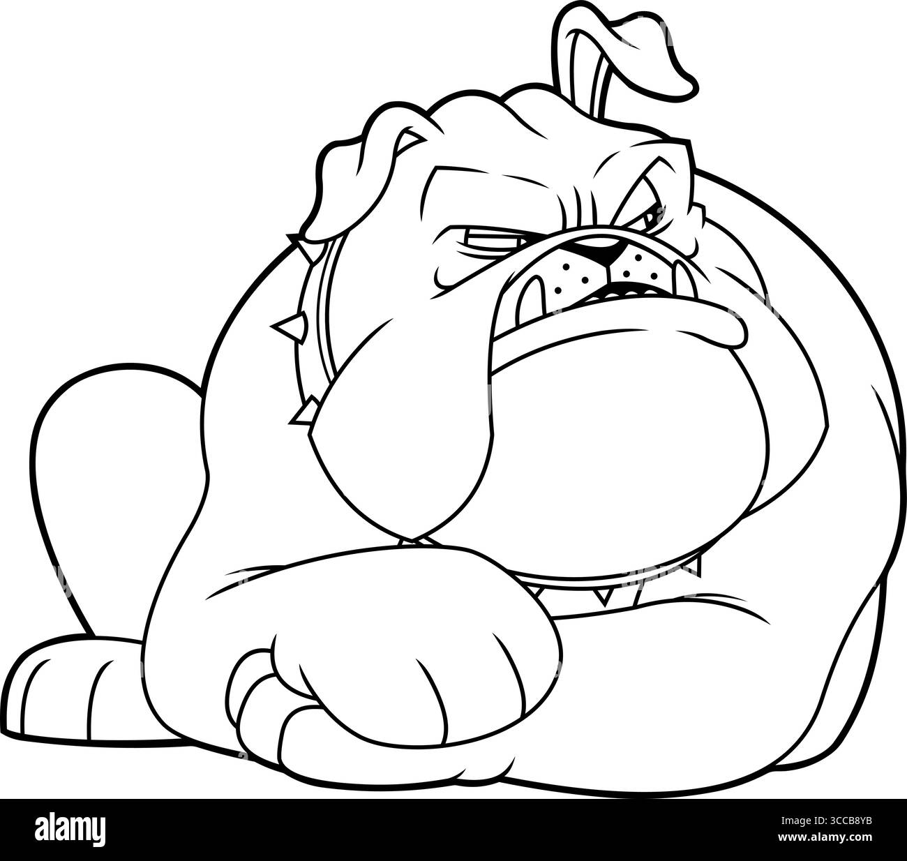 Tough Bulldog Cartoon Charakter liegend mit wütendem Gesicht – Schwarz-weiß-Vektor Hand gezeichnete Illustration isoliert auf transparentem Hintergrund Stock Vektor