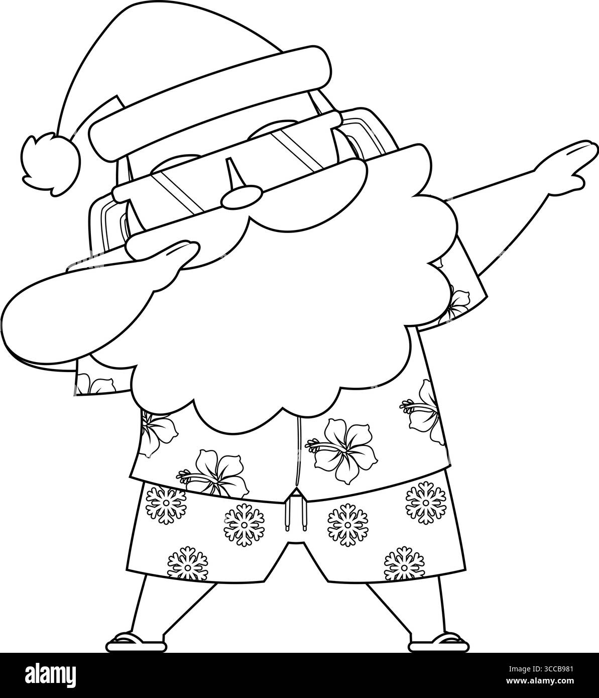 Sommer Santa Claus tut DAB Pose in Hawaiian Shirt – Schwarz-weiß-Vektor Hand gezeichnete Illustration isoliert auf transparentem Hintergrund Stock Vektor