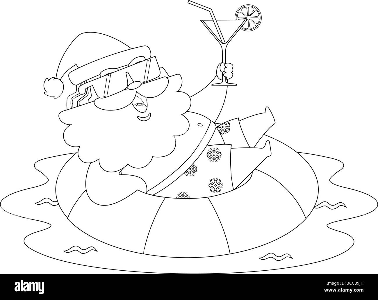 Sommer Santa Claus Cartoon Charakter schwimmt im Pool Ring und hält Cocktail – Schwarz-weiß Vektor Hand gezeichnete Illustration Stock Vektor