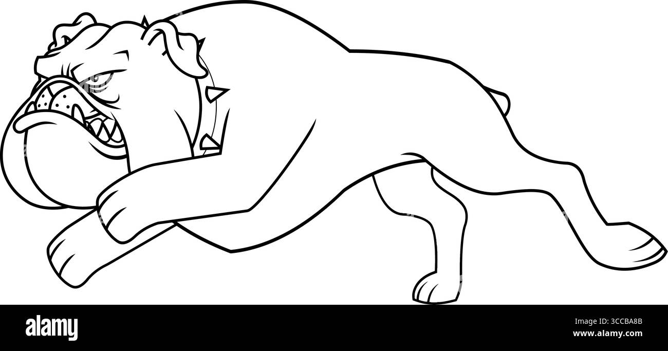 Angry Bulldog Cartoon Charakter Running Fast Attack – Schwarz-weiß-Vektor handgezeichnete Illustration isoliert auf transparentem Hintergrund Stock Vektor