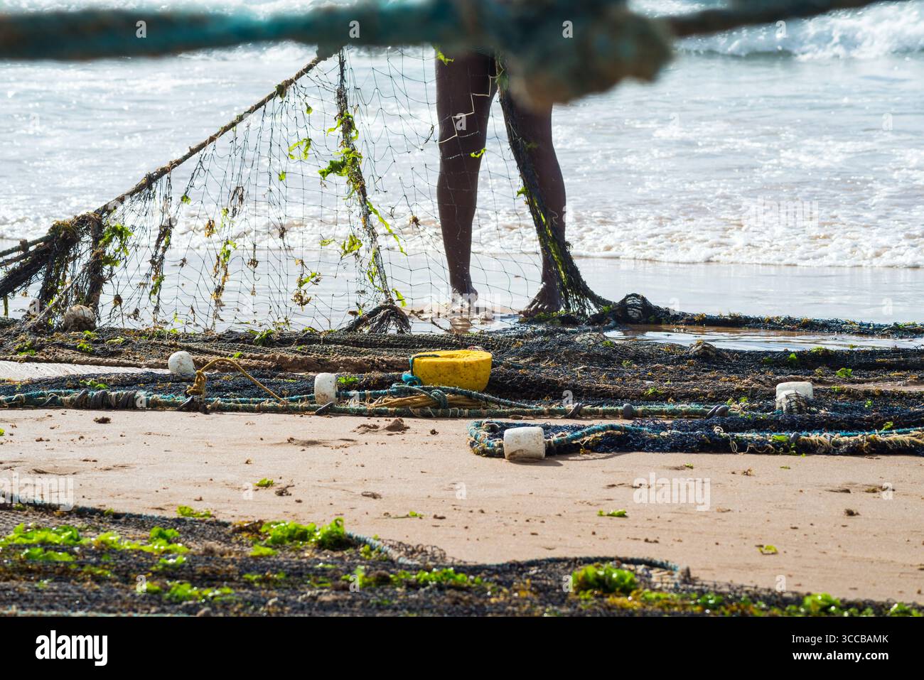 Der halbe Körper eines nicht identifizierten Fischers, der ein Fischernetz zieht. Fisch und Meeresfrüchte, Hobby. Brasilien Stockfoto