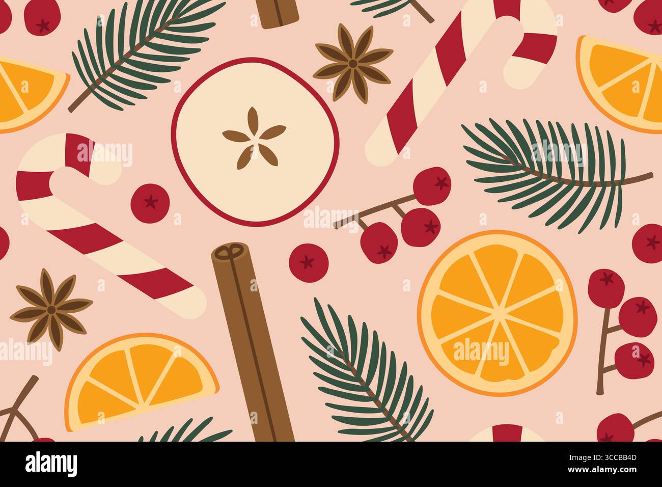 Feiertag, Winter, weihnachten nahtlose Muster mit Zuckerstangen, Orangen- und Apfelscheiben, Zimtrolle, Preiselbeeren, Tannenzweigen und Nelke - Vektor-Kranz Stock Vektor