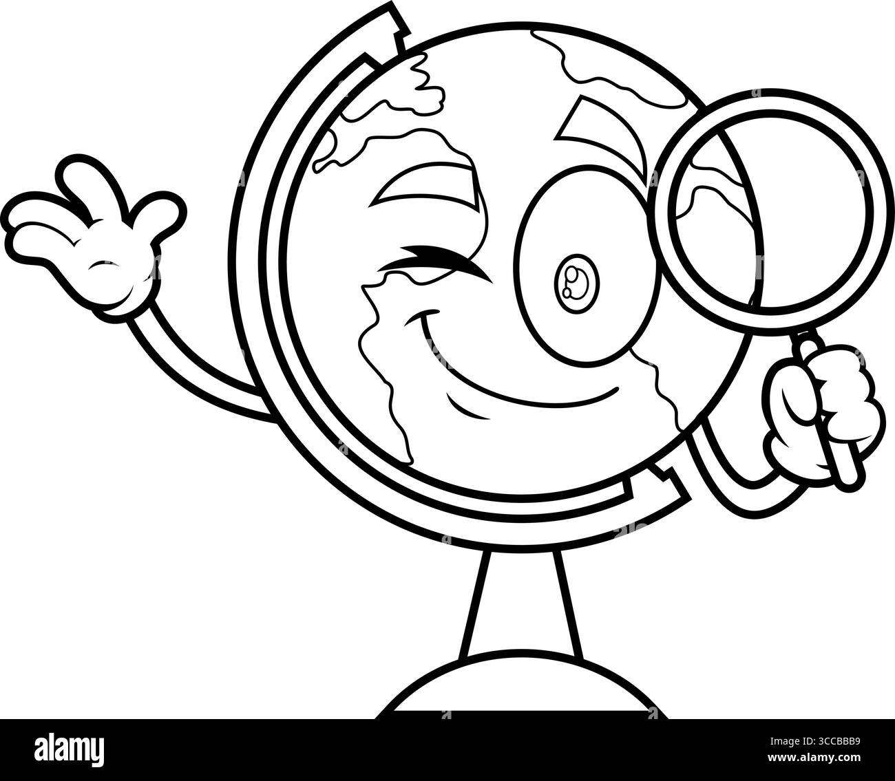 Der Cartoon-Charakter des Schulkugels hält Ein Vergrößerungsglas und winkt. Handgezeichnete Vektor-Illustration Isoliert Auf Transparentem Hintergrund Stock Vektor
