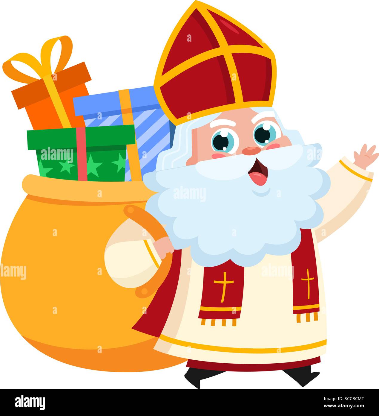 Niedlicher Nikolaus- oder Sinterklaas-Zeichentrickfigur mit Sack voller Geschenke. Vektorabbildung Flache Konstruktion Isoliert Auf Transparentem Hintergrund Stock Vektor