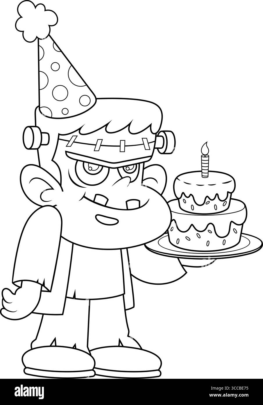 Die niedliche Halloween Frankenstein Cartoon Figur trägt Einen Partyhut und hält Einen Geburtstagskuchen. Handgezeichnete Vektorgrafik Stock Vektor