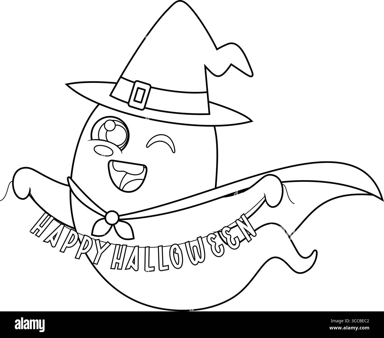 Umrissene Niedliche Halloween-Geister-Zeichentrickfigur, Die Mit Hexenhut Und Schild Happy Halloween Fliegt. Handgezeichnete Vektorgrafik Stock Vektor