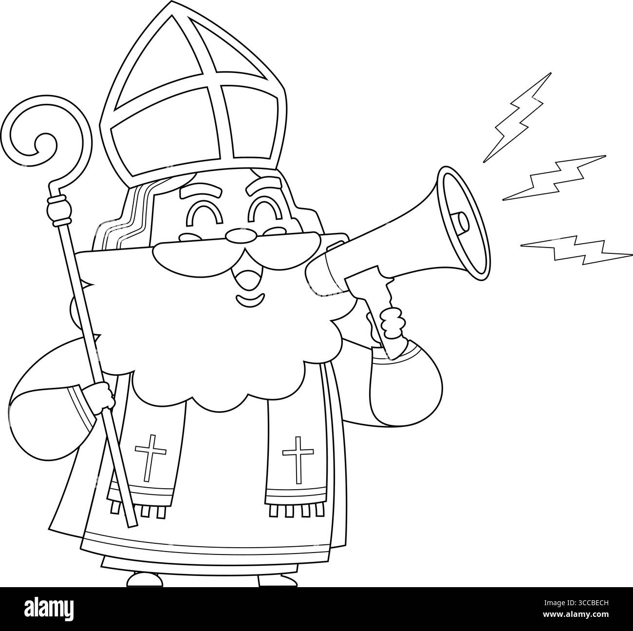 Die niedliche Figur des Heiligen Nikolaus oder Sinterklaas, die durch Ein Megaphon spricht. Handgezeichnete Vektorgrafik Stock Vektor