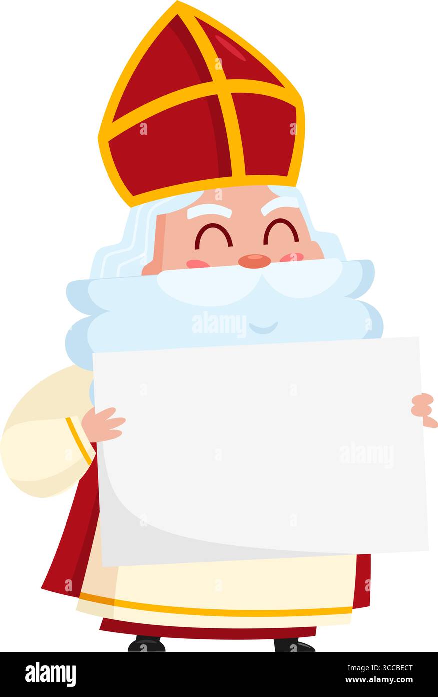 Niedliche Figur des Heiligen Nikolaus oder Sinterklaas, die Ein leeres Schild hält. Vektorabbildung Flache Konstruktion Stock Vektor