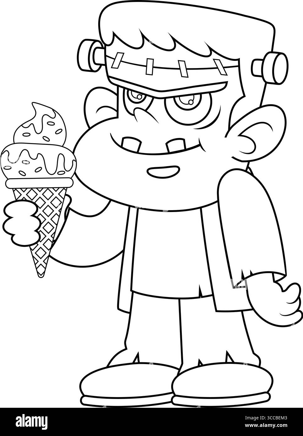Die süße Frankenstein-Cartoon-Figur hält Eine Eiscreme. Handgezeichnete Vektor-Illustration Isoliert Auf Transparentem Hintergrund Stock Vektor