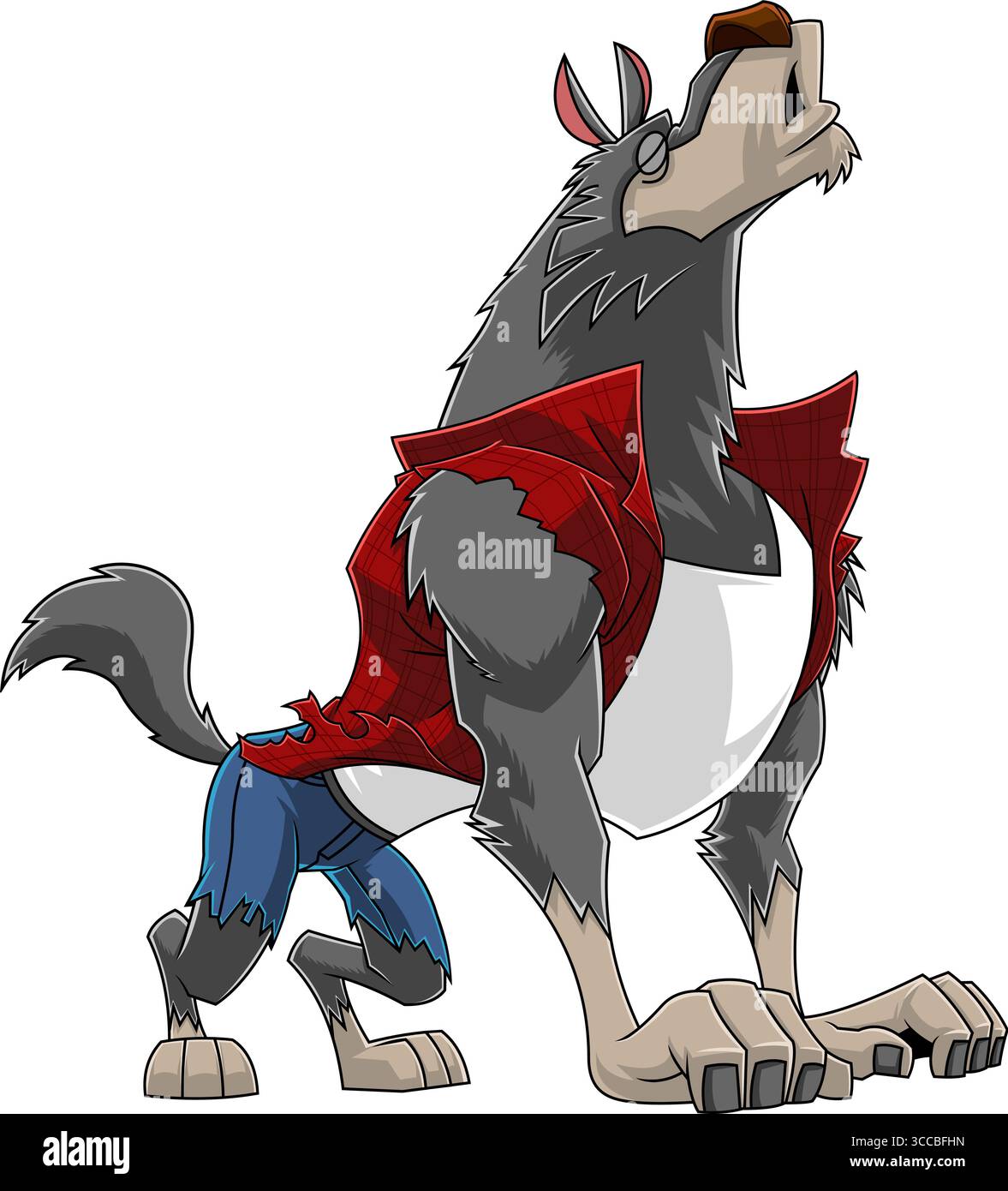 Unheimliche Wolfman Werwolf-Zeichentrickfigur Heulend. Handgezeichnete Vektor-Illustration Isoliert Auf Transparentem Hintergrund Stock Vektor