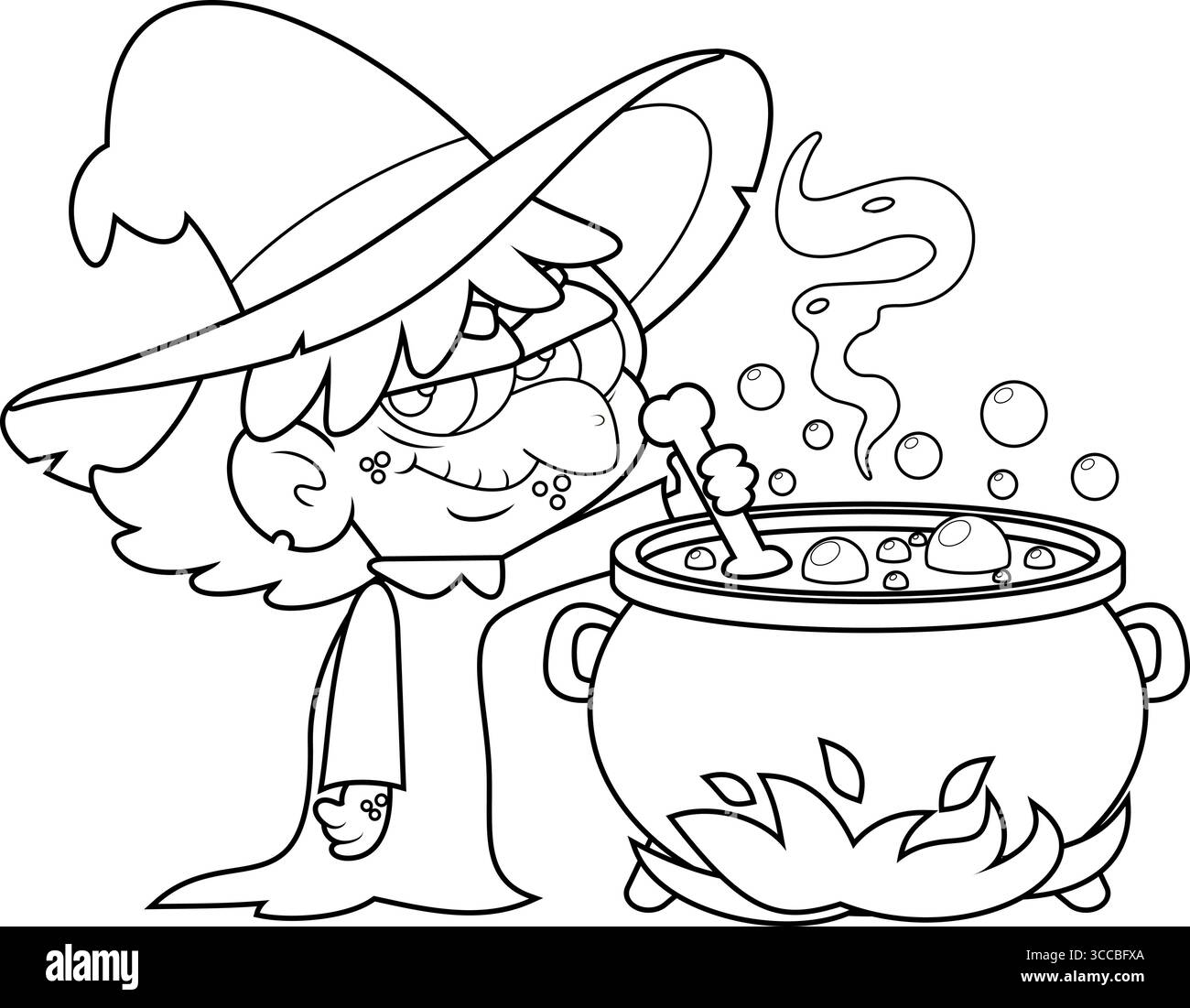 Die niedliche Halloween-Hexenfigur bereitet Einen Trank in Einem Kessel vor. Handgezeichnete Vektor-Illustration Isoliert Auf Transparentem Hintergrund Stock Vektor