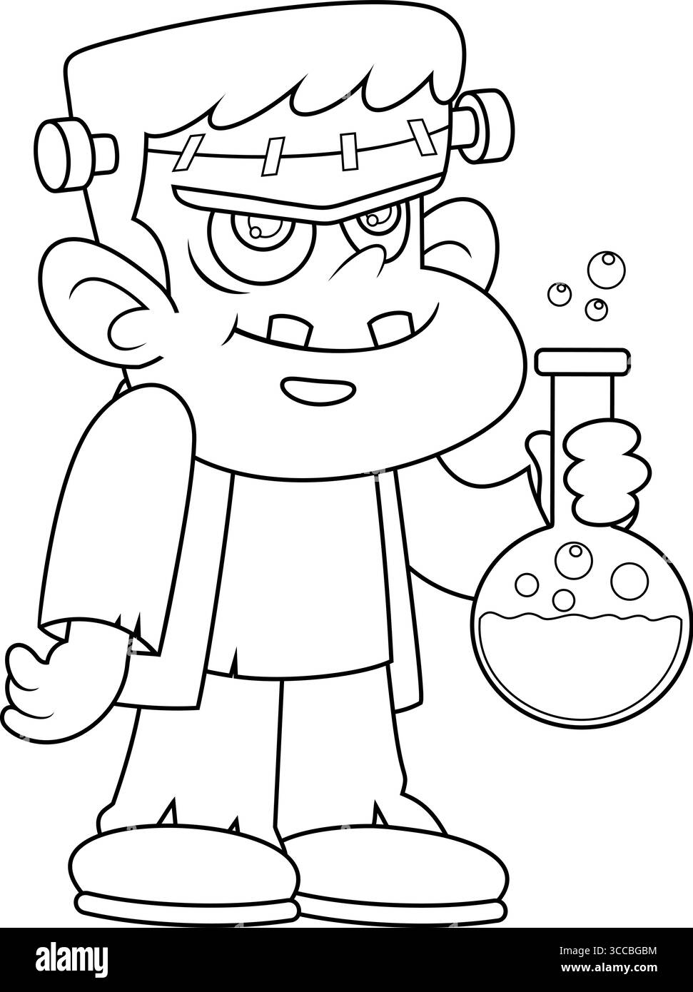 Umrissene Halloween-Frankenstein-Cartoon-Figur, die Eine Flasche mit Flüssigkeit in der Hand hält. Handgezeichnete Vektorgrafik Stock Vektor