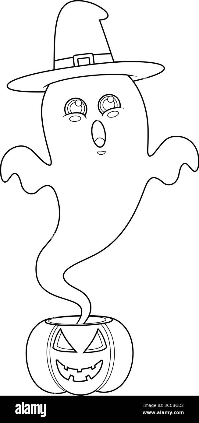 Die Niedliche Halloween-Geister-Zeichentrickfigur Mit Hexenhut Kommt Aus Dem Furchterregenden Kürbis. Handgezeichnete Vektorgrafik Stock Vektor