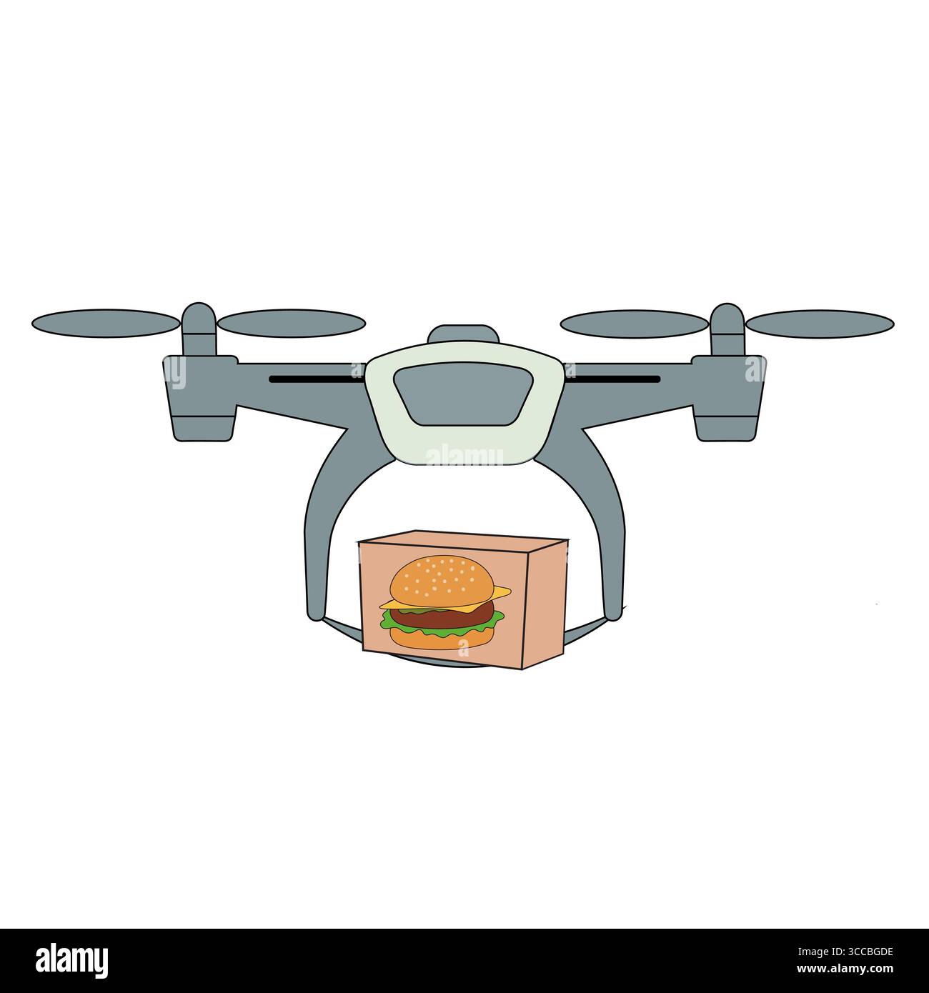 Eine einfache Vektor-Illustration einer Drohne, die eine Take-Out-Box mit einem Burger trägt, zeigt einen modernen und futuristischen Ansatz bei der Lieferung von Lebensmitteln. Stock Vektor
