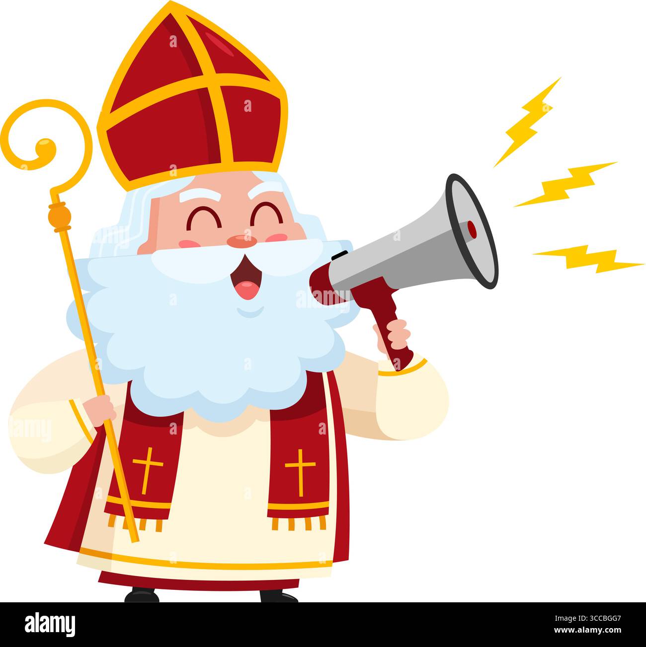 Niedlicher Nikolaus oder Sinterklaas-Zeichentrickfigur, der durch Ein Megaphon spricht. Vektorabbildung Flache Konstruktion Stock Vektor
