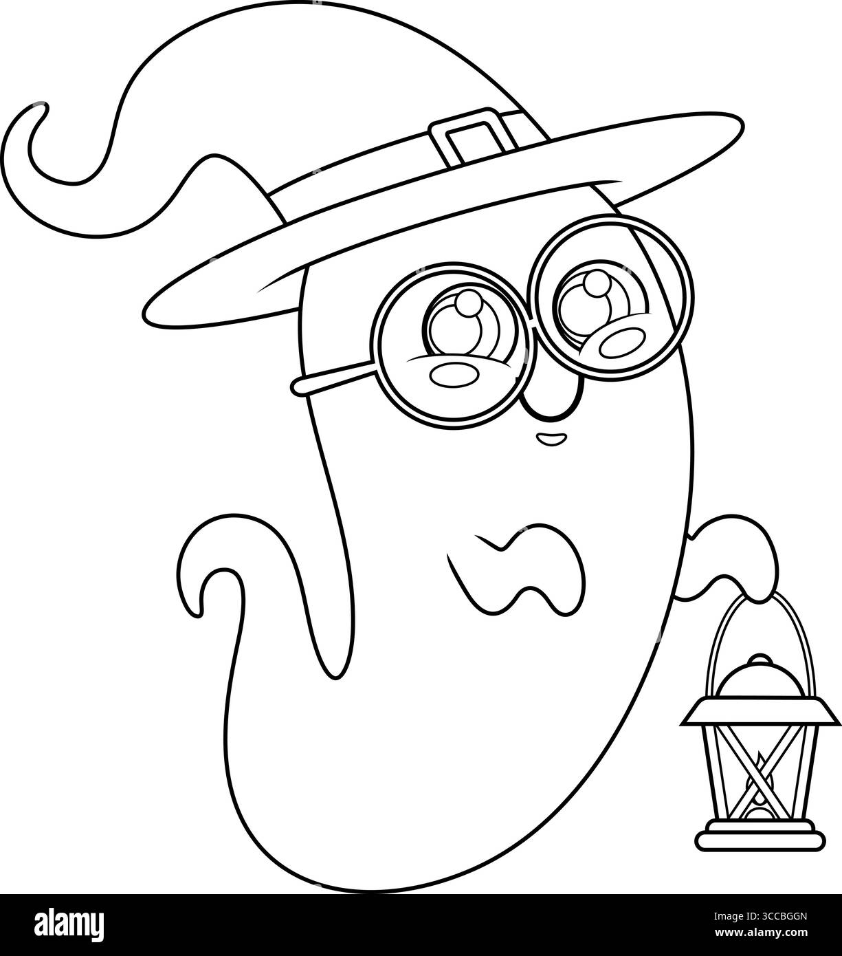 Die niedliche Halloween-Geister-Zeichentrickfigur mit Hexenhut fliegt und Eine beleuchtete Laterne hält. Handgezeichnete Vektorgrafik Stock Vektor
