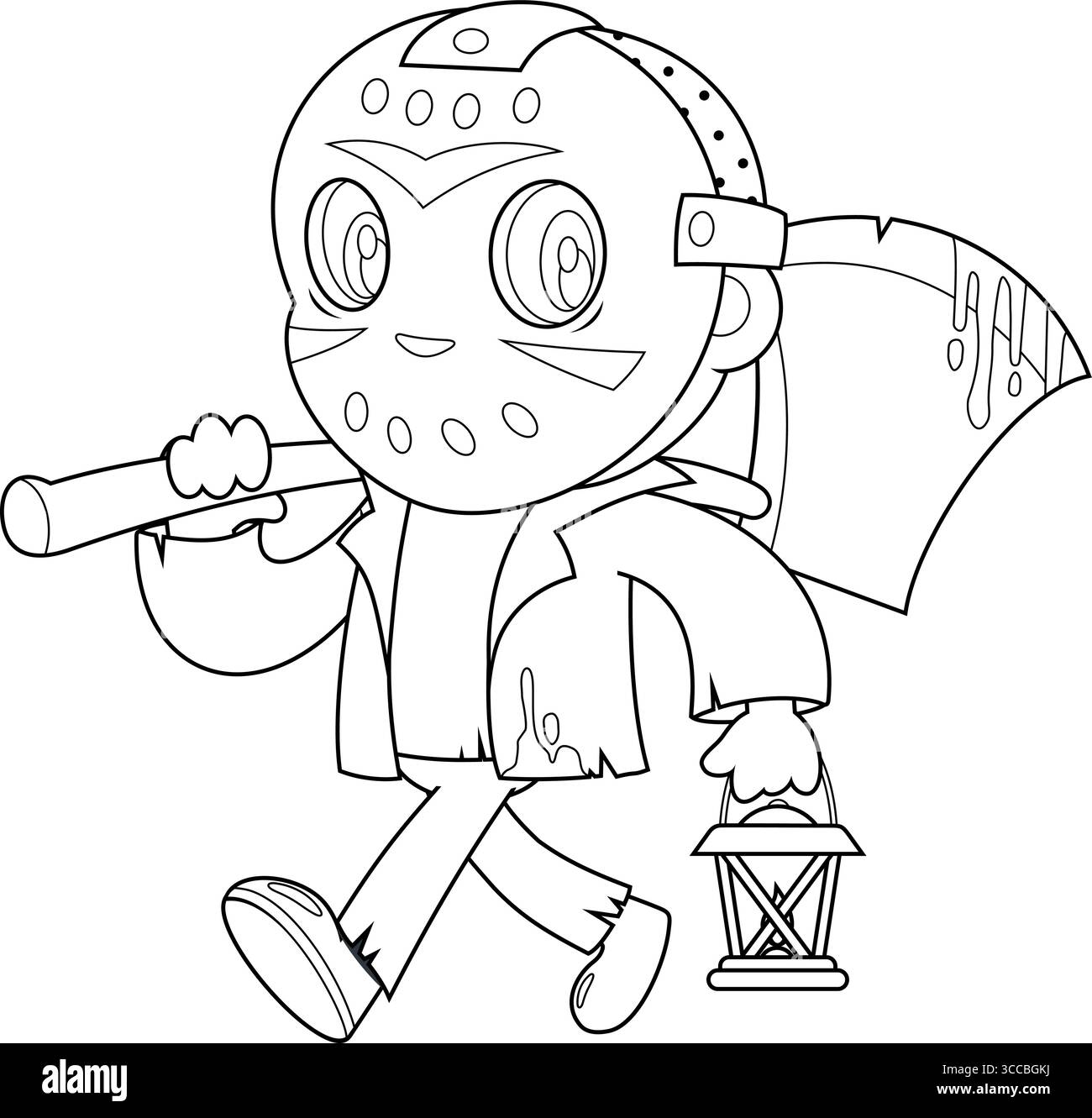 Der Niedliche Jason-Mörder-Cartoon-Charakter, Der Mit Blutaxe Und Beleuchteter Laterne Am Halloween Abend Läuft. Handgezeichnete Vektorgrafik Stock Vektor