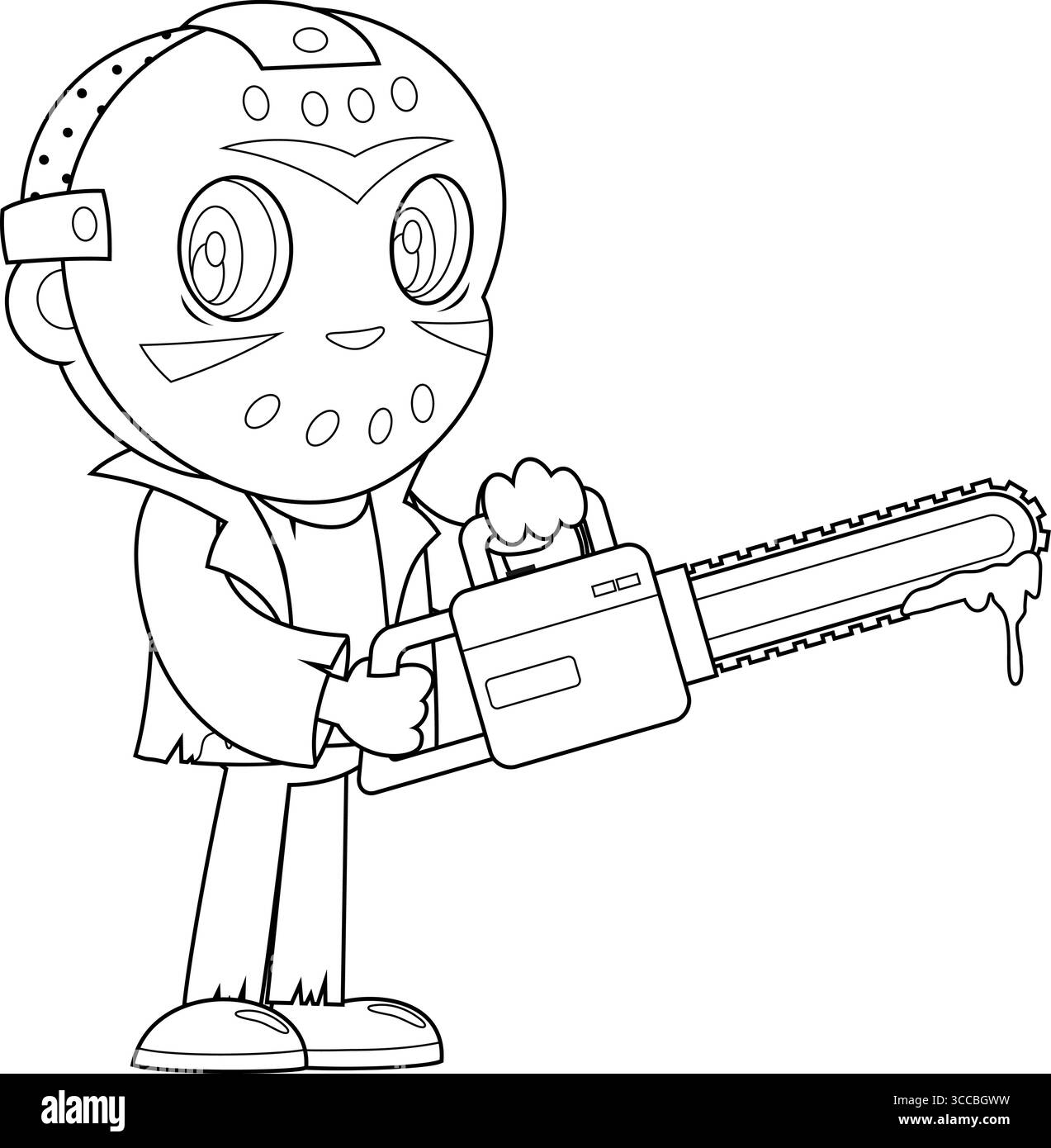 Die süße Jason-Mörder-Cartoon-Figur hält Eine blutige Kettensäge. Handgezeichnete Vektor-Illustration Isoliert Auf Transparentem Hintergrund Stock Vektor