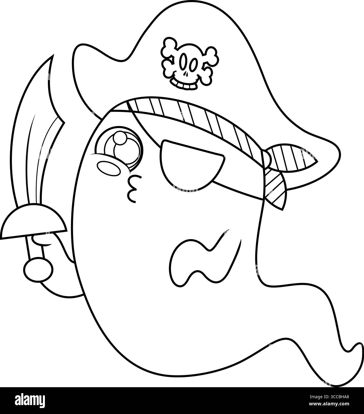 Die Niedliche Halloween-Geister-Zeichentrickfigur Mit Piratenmütze Hält Das Schwert. Handgezeichnete Vektorgrafik Stock Vektor