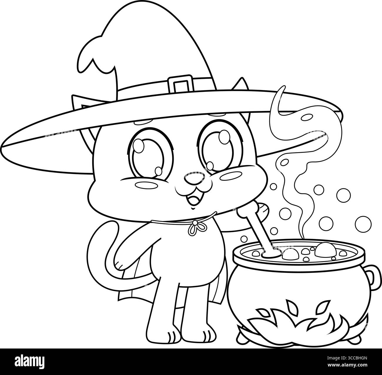 Die niedliche Halloween Hexenkatze Cartoon Figur bereitet Einen Trank in Einem Kessel vor. Handgezeichnete Vektorgrafik Stock Vektor