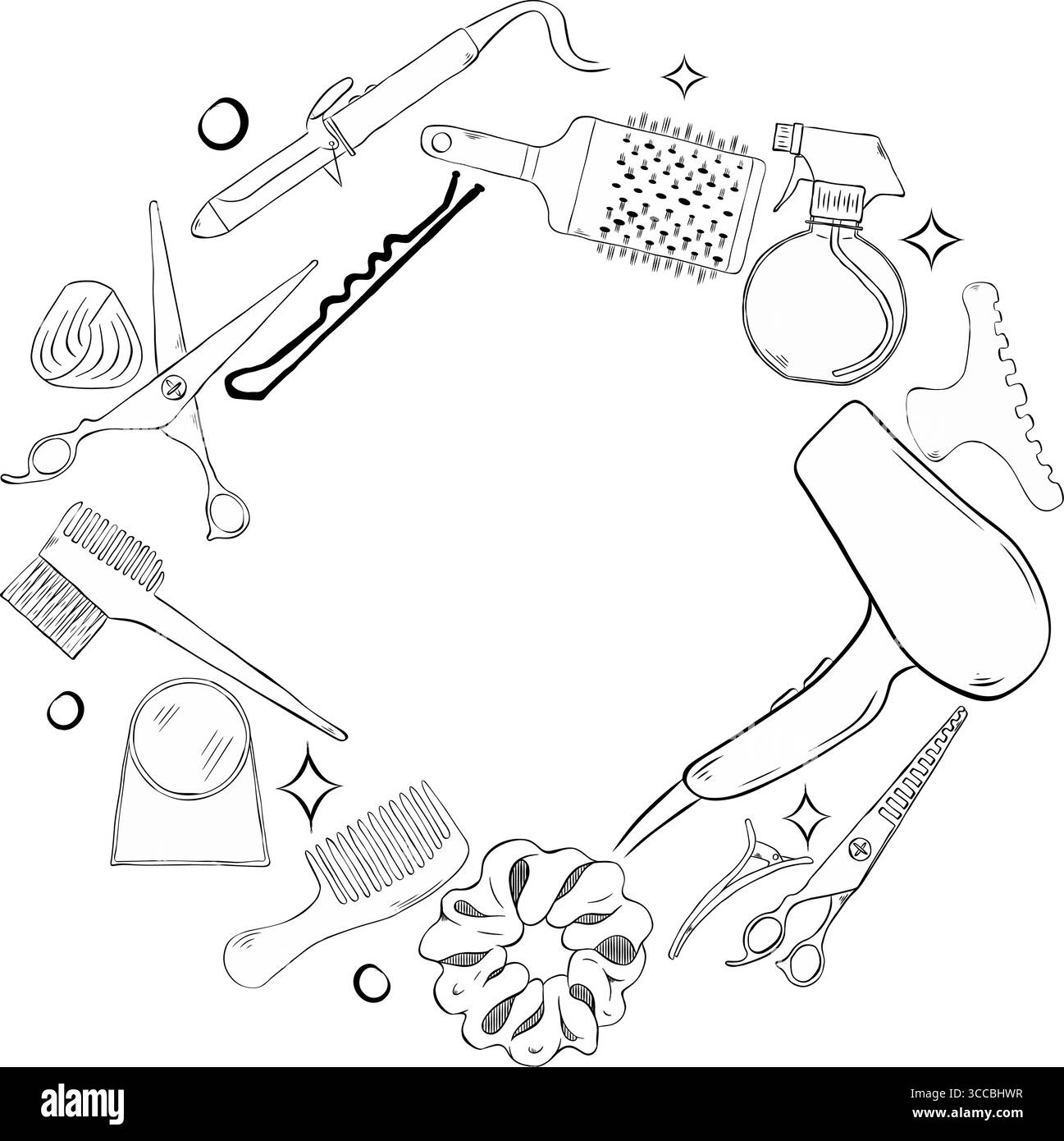 Professionelle Friseurwerkzeuge, Friseurartikel, runde Rahmen. Illustration der grafischen Vektorgrafik für die Farbvorlage. Platz für Ihren Text, Logo Beispiel po Stock Vektor