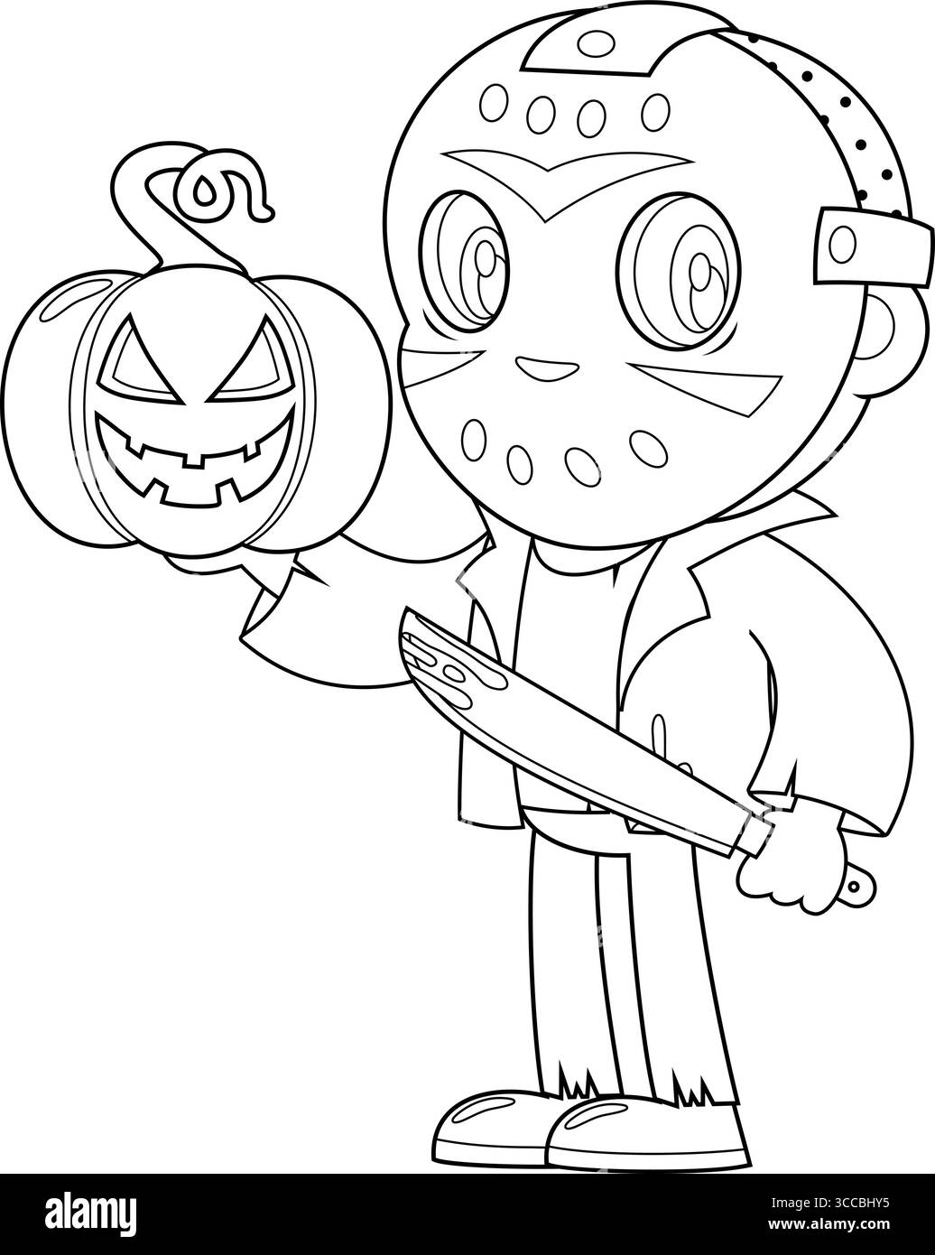 Der süße Jason-Mörder-Cartoon-Charakter zeigt Halloween Jack O'Lantern Kürbis und hält Eine blutige Machete. Handgezeichnete Vektorgrafik Stock Vektor